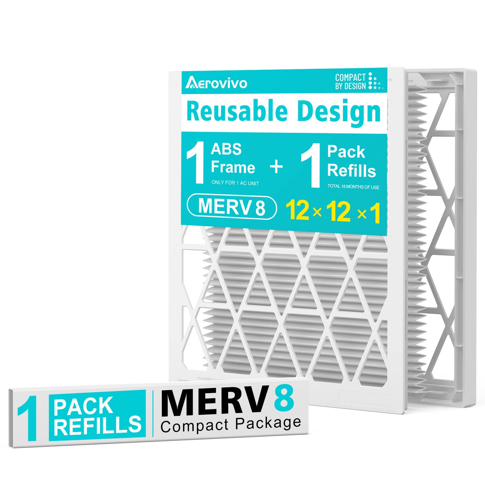 12x12x1 Air Filter MERV 8, 1 Pack Refills with1 Foldable ABS Frame, Reusable AC HVACFurnace Filter