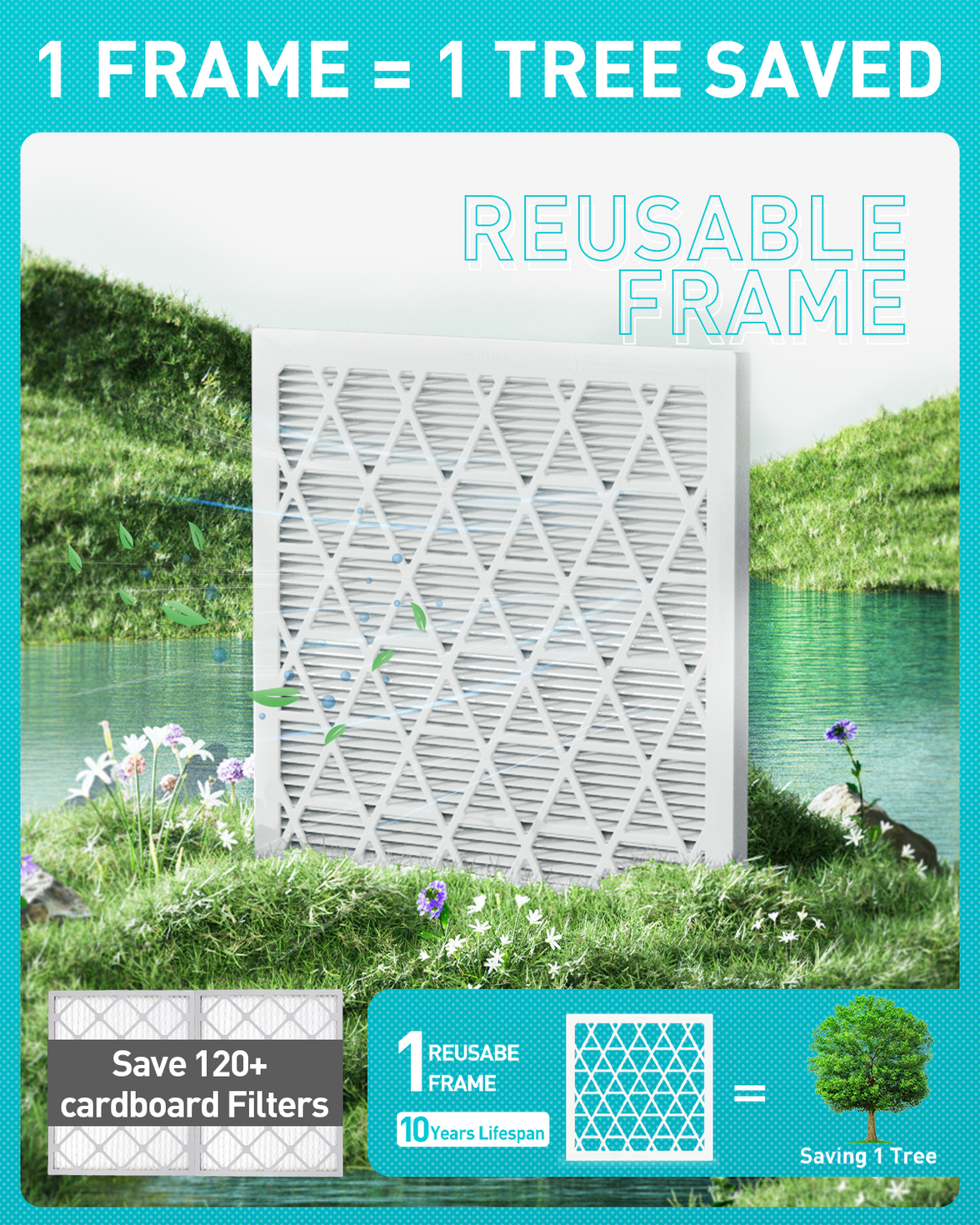16x25x1 Air Filter MERV 8, 1 Pack Media with Reusable Frame, Reusable AC HVAC FurnaceFilter