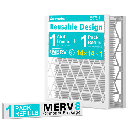 14x14x1 Air Filter MERV 8, 1 Pack Media with Reusable Frame, Reusable AC HVAC FurnaceFilter
