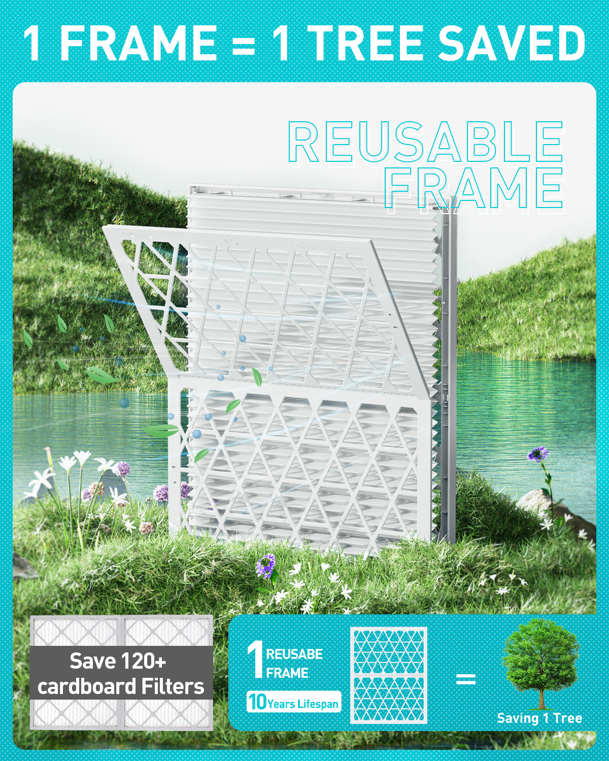 14x30x1 Air Filter MERV 8, 6 Pack Refills with 1 Foldable ABS Frame, Reusable AC HVAC Furnace Filter