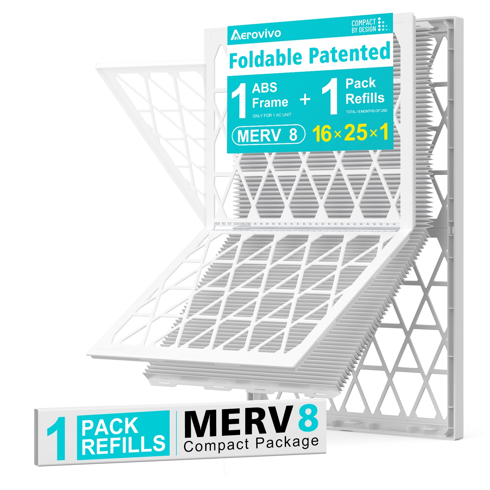 16x25x1 Air Filter MERV 8, 1 Pack Refills with1 Foldable ABS Frame, Reusable AC HVACFurnace Filte