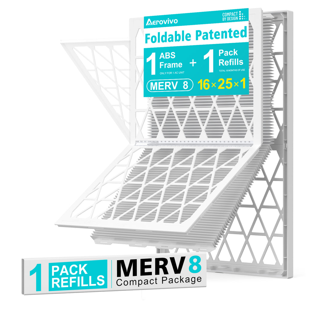 16x25x1 Air Filter MERV 8, 1 Pack Refills with1 Foldable ABS Frame, Reusable AC HVACFurnace Filte