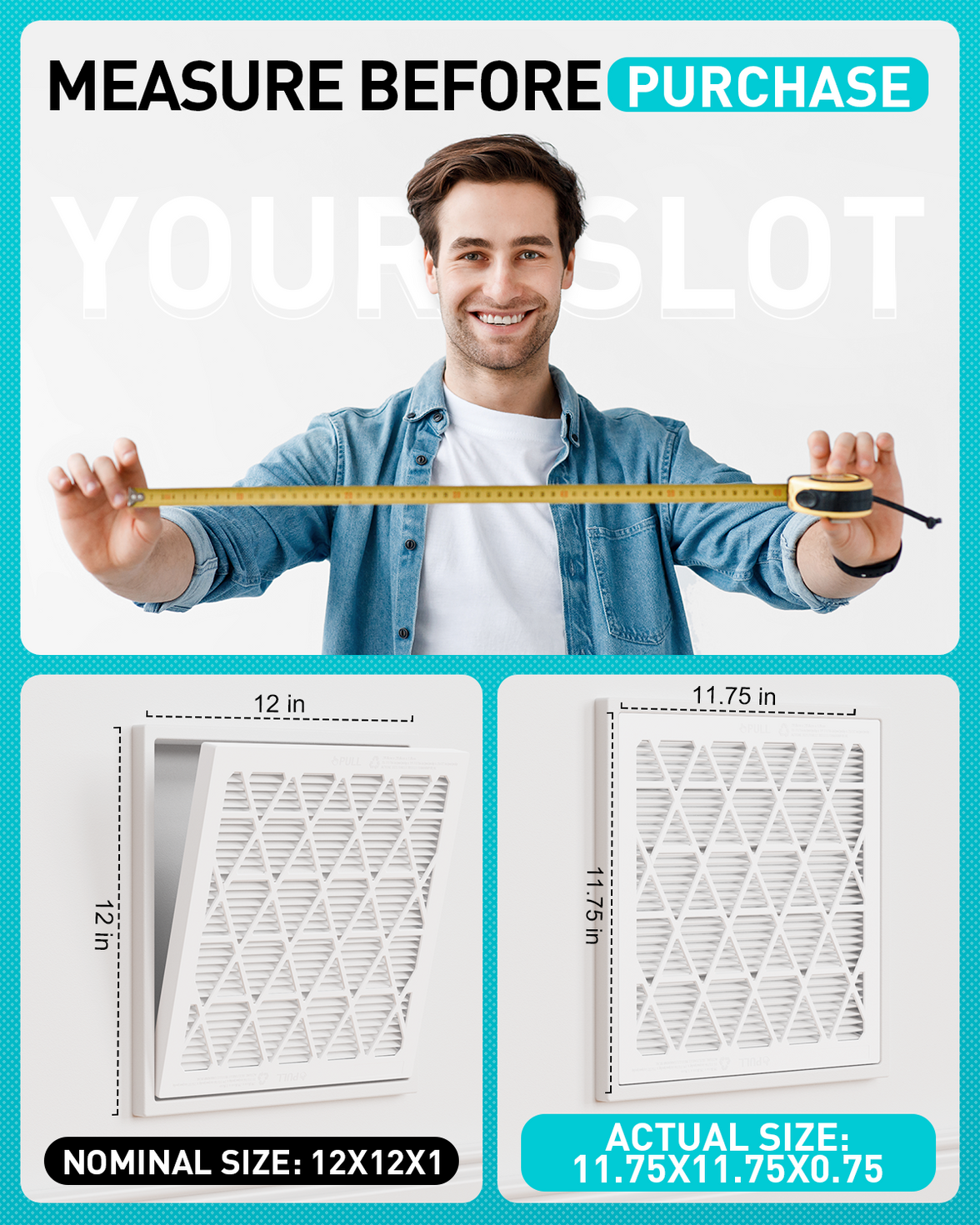 12x12x1 Air Filter MERV 11, 6 Pack Refills with 1 Foldable ABS Frame, Reusable AC HVAC Furnace Filter