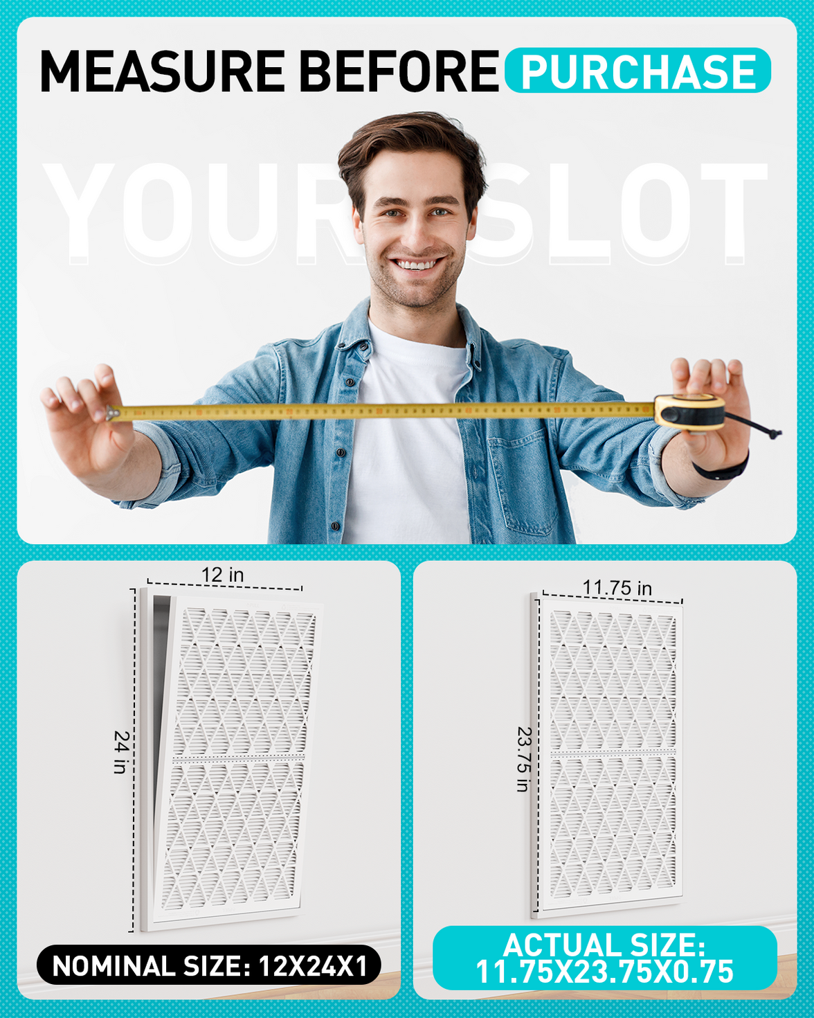 12x24x1 Air Filter MERV 8, 6 Pack Refills with 1 Foldable ABS Frame, Reusable AC HVAC Furnace Filter