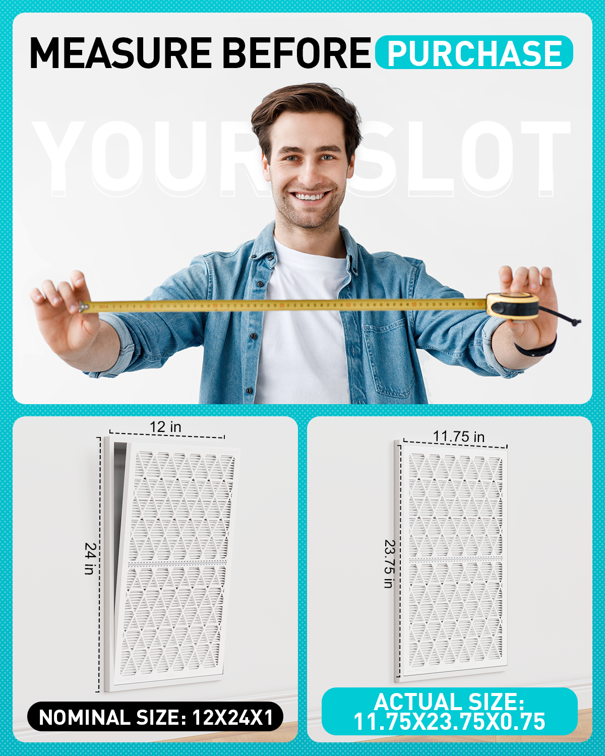 12x24x1 Air Filter MERV 8, 1 Pack Media with Reusable Frame, Reusable AC HVAC FurnaceFilter