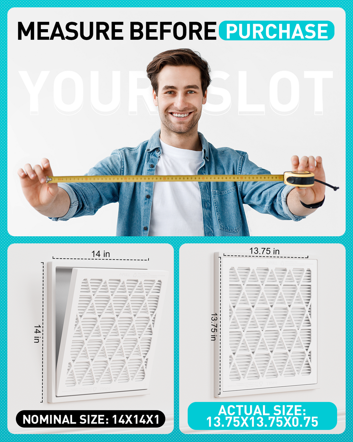 14x14x1 Air Filter MERV 8, 1 Pack Refills with1 Foldable ABS Frame, Reusable AC HVACFurnace Filter