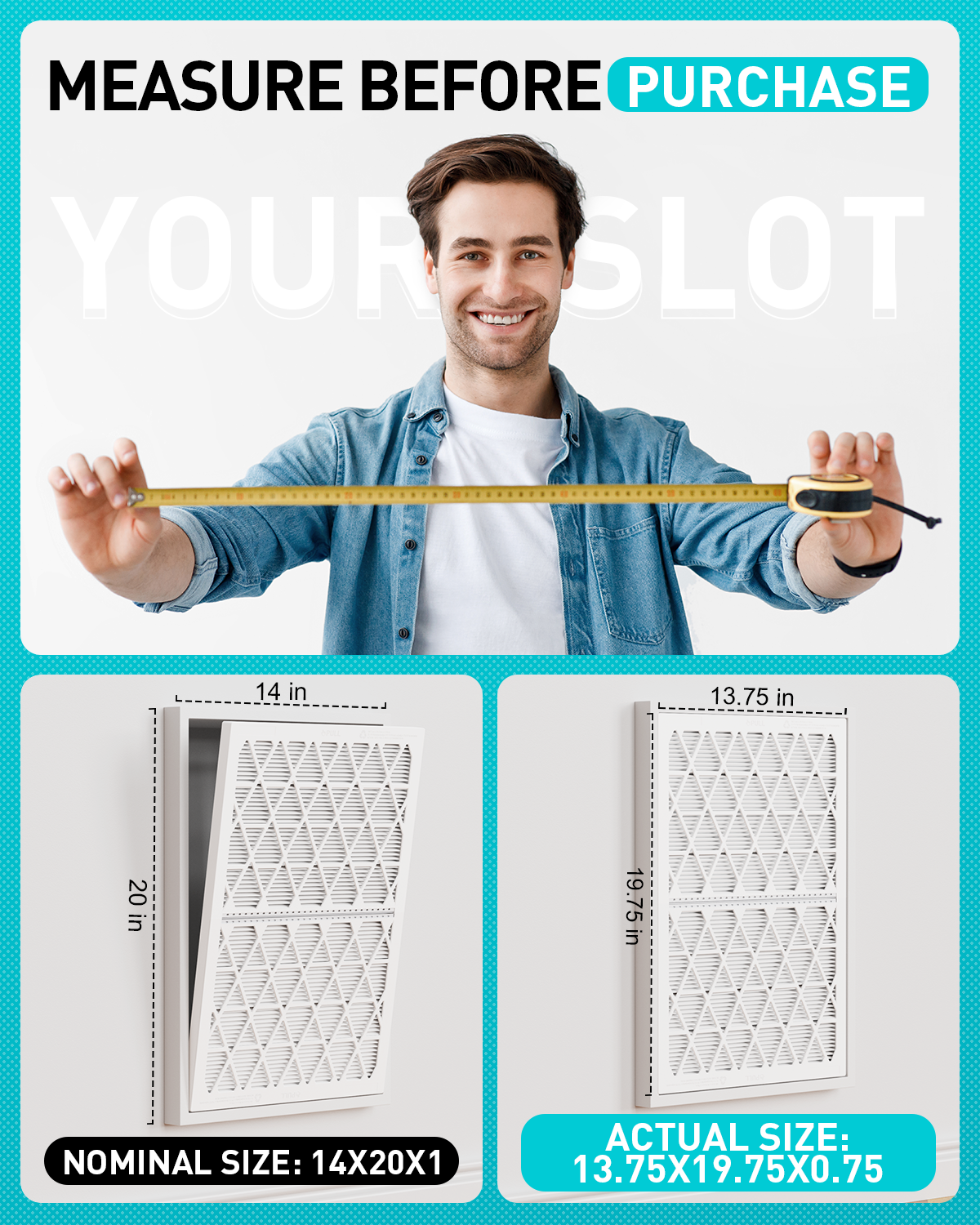 14x20x1 Air Filter MERV 8, 6 Pack Refills with 1 Foldable ABS Frame, Reusable AC HVAC Furnace Filter