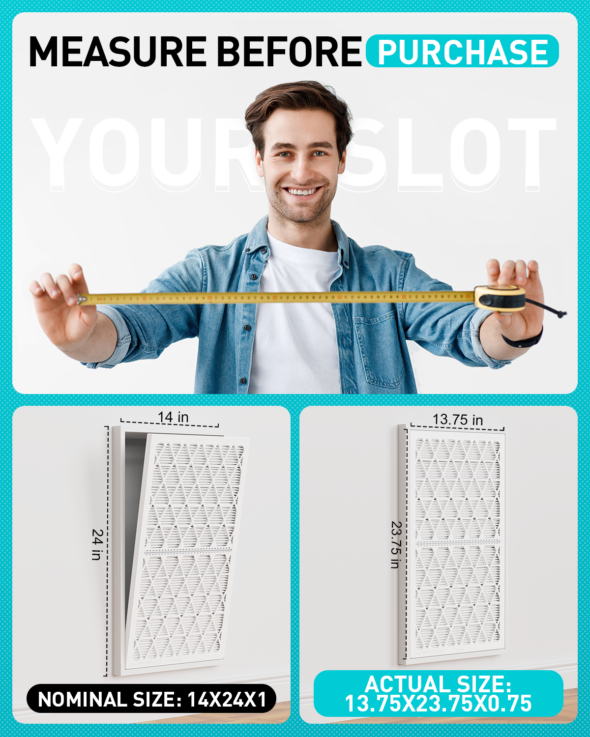 14x24x1 Air Filter MERV 8, 6 Pack Refills with 1 Foldable ABS Frame, Reusable AC HVAC Furnace Filter