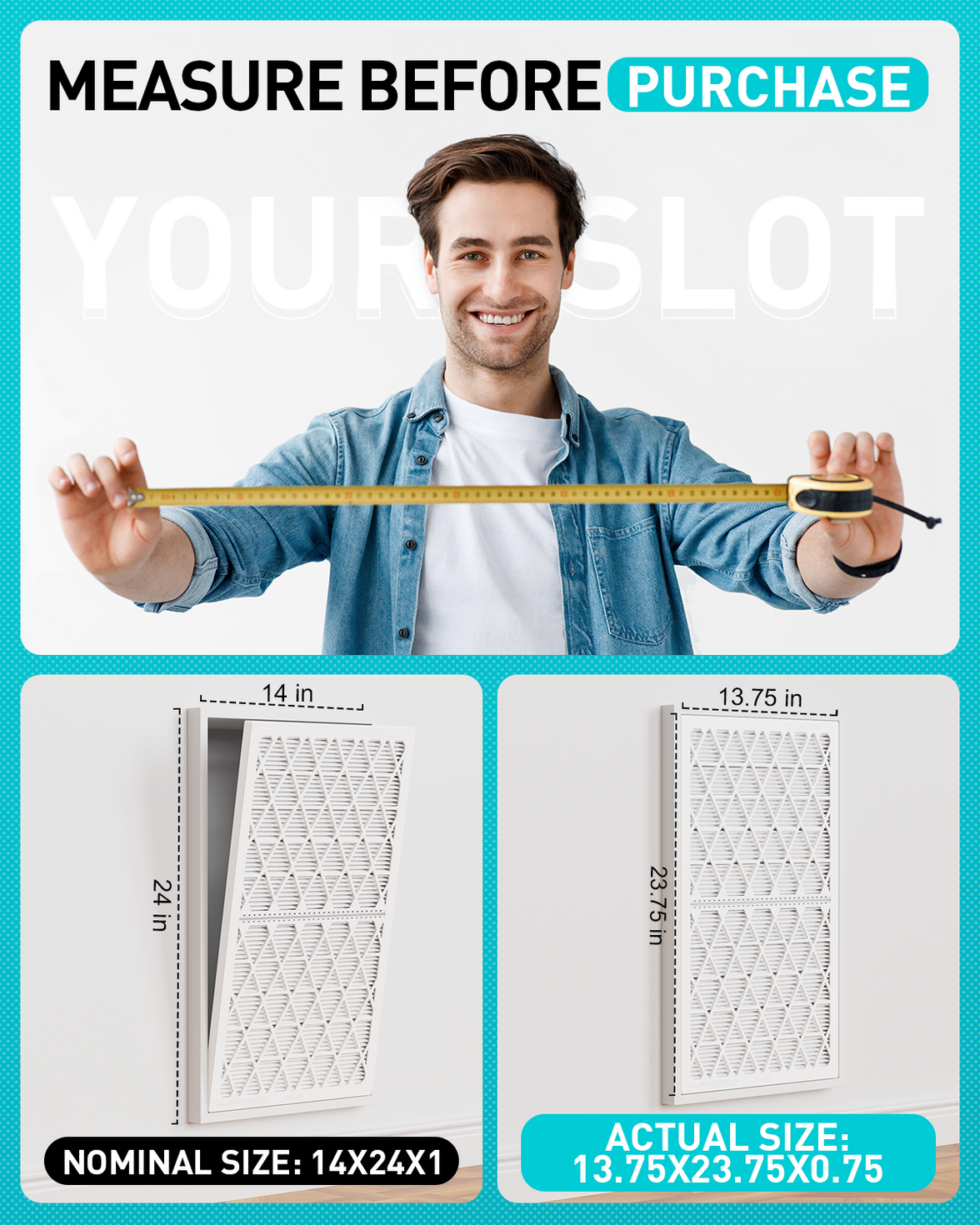 14x24x1 Air Filter MERV 8, 6 Pack Refills with 1 Foldable ABS Frame, Reusable AC HVAC Furnace Filter