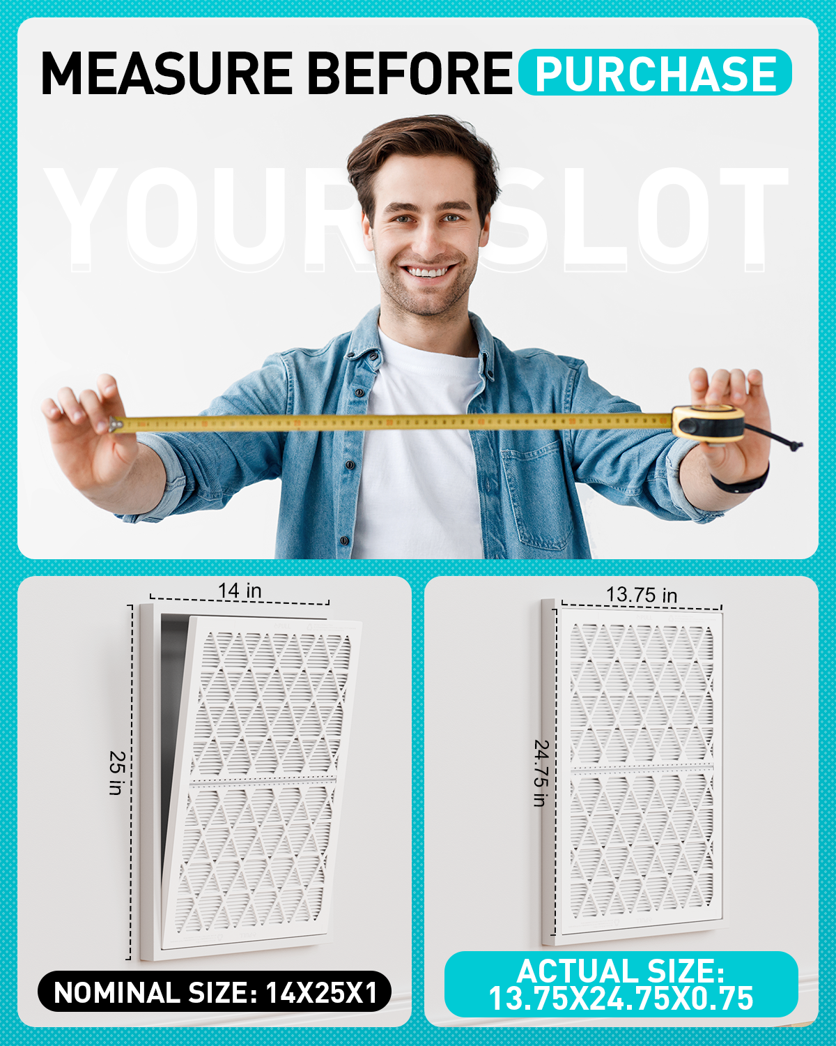 14x25x1 Air Filter MERV 8, 6 Pack Refills with 1 Foldable Frame, Reusable AC HVAC Furnace Filter