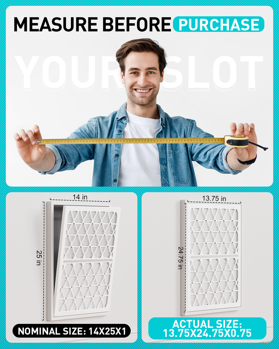 14x25x1 Air Filter MERV 8, 1 Pack Refills with1 Foldable ABS Frame, Reusable AC HVACFurnace Filter