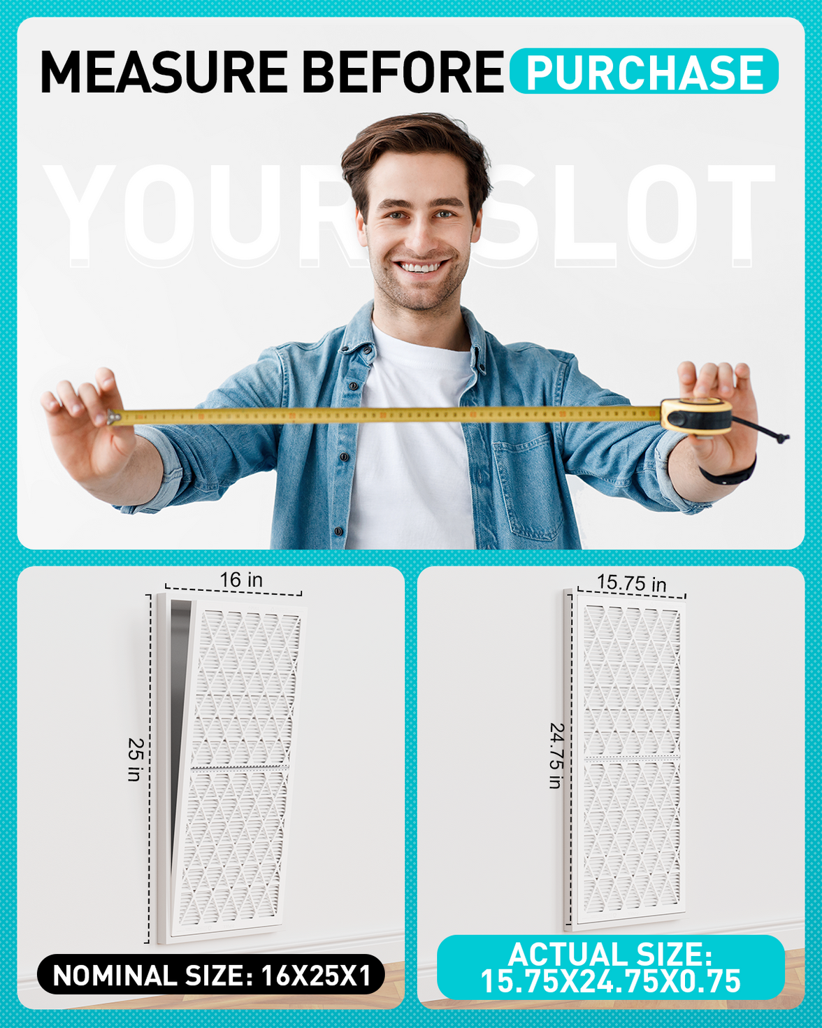 16x25x1 Air Filter MERV 8, 1 Pack Media with Reusable Frame, Reusable AC HVAC FurnaceFilter