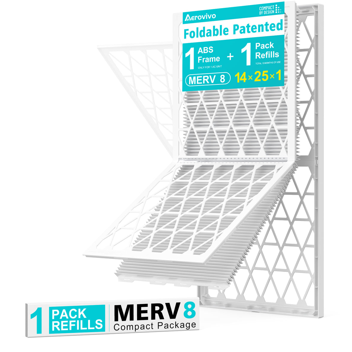 14x25x1 Air Filter MERV 8, 1 Pack Refills with1 Foldable ABS Frame, Reusable AC HVACFurnace Filter
