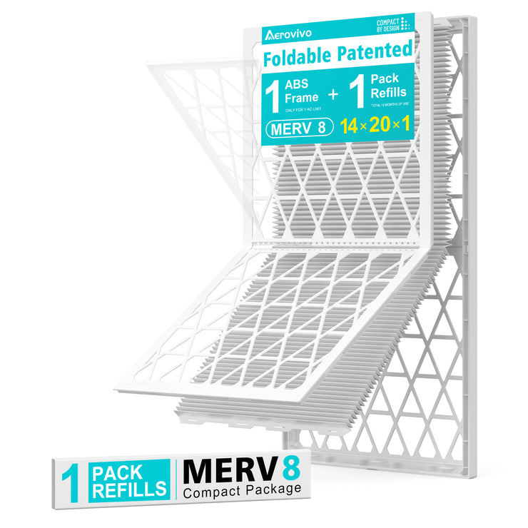 14x20x1 Air Filter MERV 8, 1 Pack Refills with1 Foldable ABS Frame, Reusable AC HVACFurnace Filter