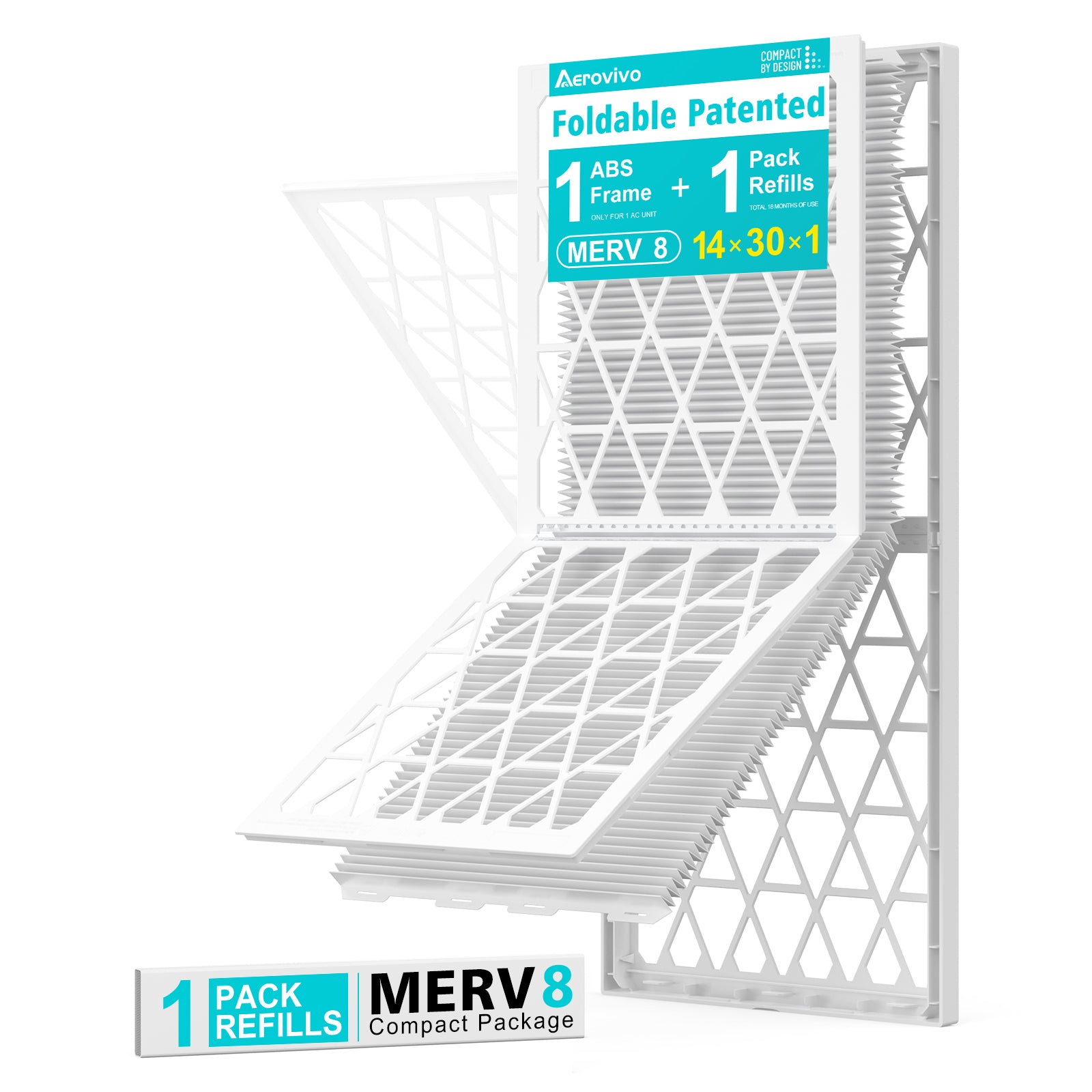 14x30x1 Air Filter MERV 8, 1 Pack Refills with1 Foldable ABS Frame, Reusable AC HVACFurnace Filter