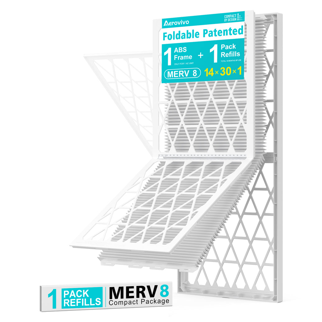14x30x1 Air Filter MERV 8, 1 Pack Refills with1 Foldable ABS Frame, Reusable AC HVACFurnace Filter