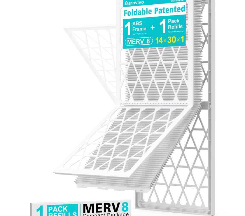 14x30x1 Air Filter MERV 8, 1 Pack Refills with1 Foldable ABS Frame, Reusable AC HVACFurnace Filter