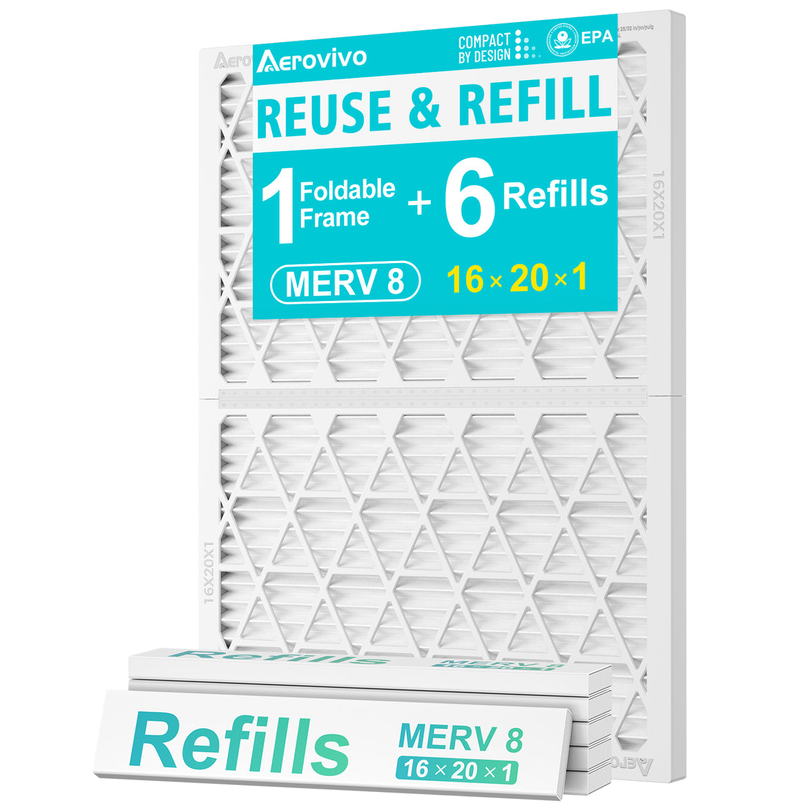 AErovivo Refillable 16x20x1 Air Filter MERV 8, Reusable Frame & 6 Refills I Lint, Pet Hair & Everyday Particle Control, 30-90 Day Filter for AC, HVAC & Furnace Systems, Actual Size 15.75x19.75x0.75in