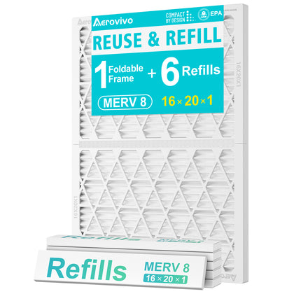 AErovivo Refillable 16x20x1 Air Filter MERV 8, Reusable Frame & 6 Refills I Lint, Pet Hair & Everyday Particle Control, 30-90 Day Filter for AC, HVAC & Furnace Systems, Actual Size 15.75x19.75x0.75in