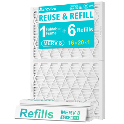 AErovivo Refillable 16x20x1 Air Filter MERV 8, Reusable Frame & 6 Refills I Lint, Pet Hair & Everyday Particle Control, 30-90 Day Filter for AC, HVAC & Furnace Systems, Actual Size 15.75x19.75x0.75in