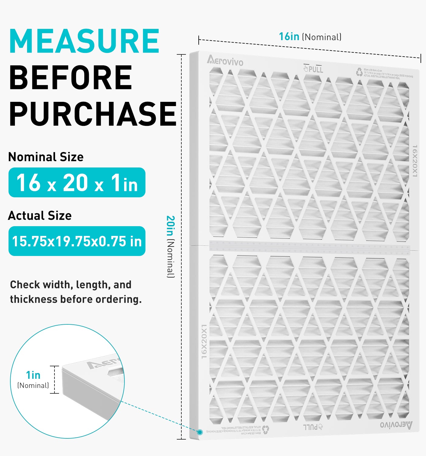 AErovivo Refillable 16x20x1 Air Filter MERV 8, Reusable Frame & 6 Refills I Lint, Pet Hair & Everyday Particle Control, 30-90 Day Filter for AC, HVAC & Furnace Systems, Actual Size 15.75x19.75x0.75in